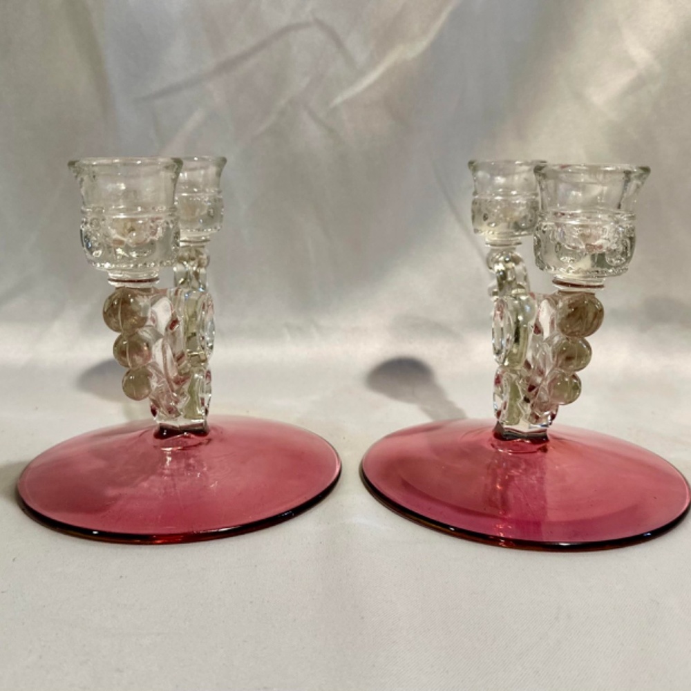 Vintage Art Deco Cranberry Double Candle Holders Holiday Made in USA - Picture 3 of 4